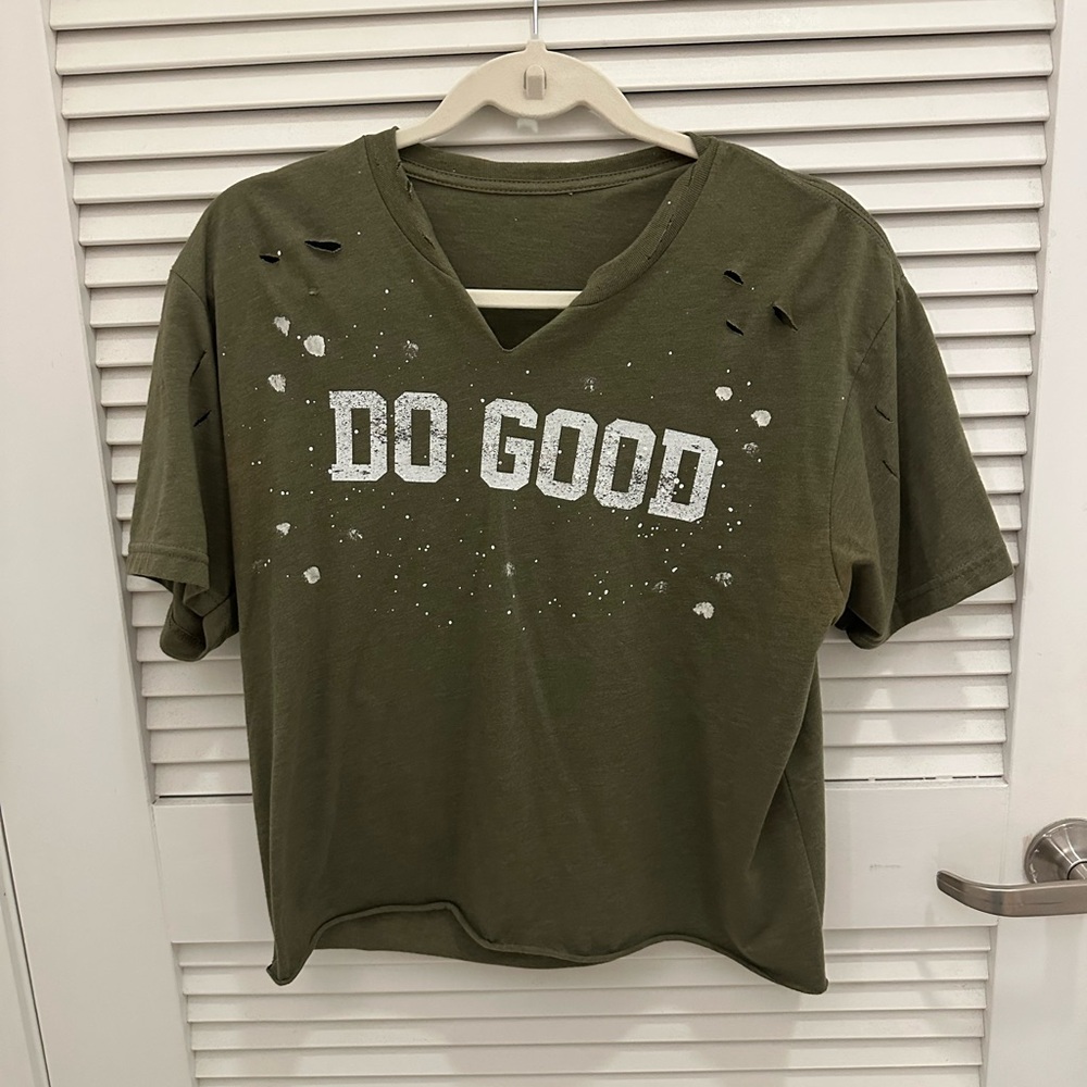 Olive Green 'Do Good' Distressed T-Shirt
